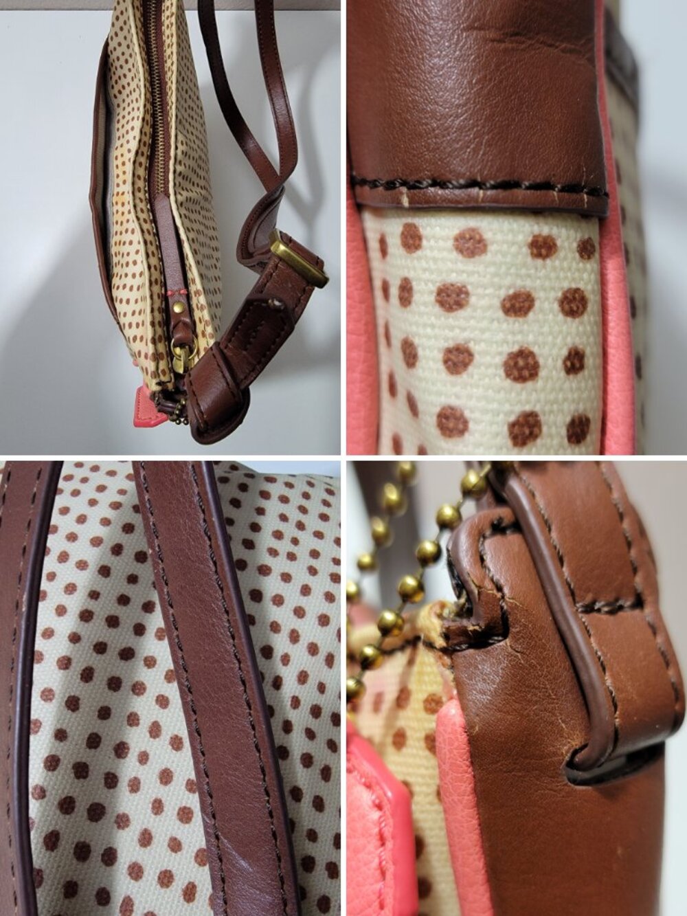 Fossil Issue No 1954 Polka Dot Coated Canvas Crossbody Bag Coral Tan Vintage - Picture 6 of 8